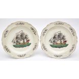 Pair of coloured printed creamware 'Marine' dishes, probably Liverpool,