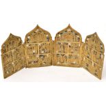 A 19th Century enamelled brass Russian orthodox four-fold travelling icon, of arched form,