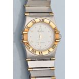 Omega Constellation: a lady's steel and gold quartz wristwatch, the white dial with dot markers,