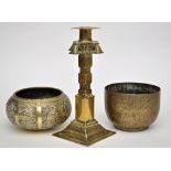 Brass cruciform-shaped candlestick, probably Indian, with part 'block and octagonal' column,
