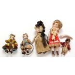Five 19th Century miniature dolls, all with bisque heads and arms,