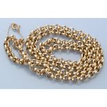 A 9ct. yellow gold necklace chain, of circular links, 58cms long, 44.6grms.