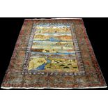 A Turkmen carpet, the pictorial fields depicting farming scenes with figures, animals, buildings,