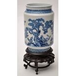 Chinese blue and white cylinder-shaped jar, the sides painted with the 'Three Friends' of pine,