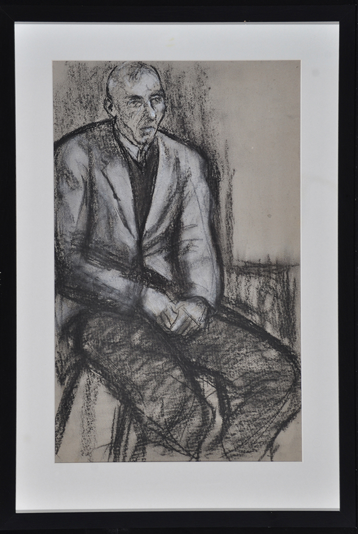 Tom McGuinness (1926-2006) "Seated Man, Hands Clasped", black and white pastel on tinted paper,