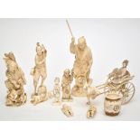 Japanese Meiji period part ivory figure of a fisherman, height 22cm; part ivory rickshaw,