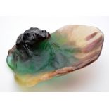 Daum Pate de Verre frog on a leaf dish, moulded and engraved marks to base, length 16cm.