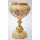 Royal Worcester blush ivory goblet-shaped vase, the body painted with flowers and insects,