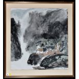 20th Century Chinese School A village by a river gorge, signed and inscribed in Chinese,
