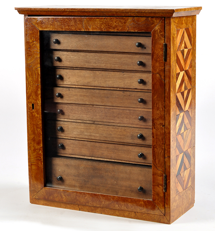 A burr walnut and specimen wood inlaid microscope slide cabinet,