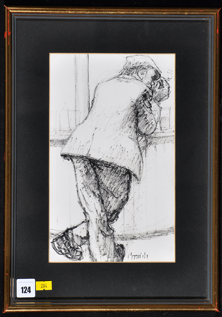 Norman Stansfield Cornish (1919-2014) Man at bar, signed, flowmaster pen on paper, 28.