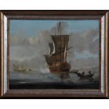 Manner of Peter Monamy (1681-1749) A Dutch warship exercising its guns, oil on panel, 24.