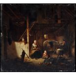 J*** Venneman (Belgian 19th Century) A family preparing food in a rustic interior,