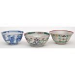 Three Chinese bowls, comprising: blue and white with figures within interior setting,