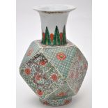 Chinese Famille Verte faceted vase, the square body with chamfered corners,