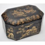 Chinese lacquered tea caddy, elongated octagonal form enclosing two shaped lead canister,