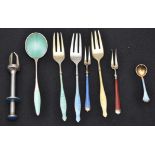 Three silver gilt and varicoloured enamelled pastry forks, by Oistin Balle, Norway; Danish,