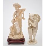 Japanese Meiji period part ivory figure of a man, possibly pedlar,