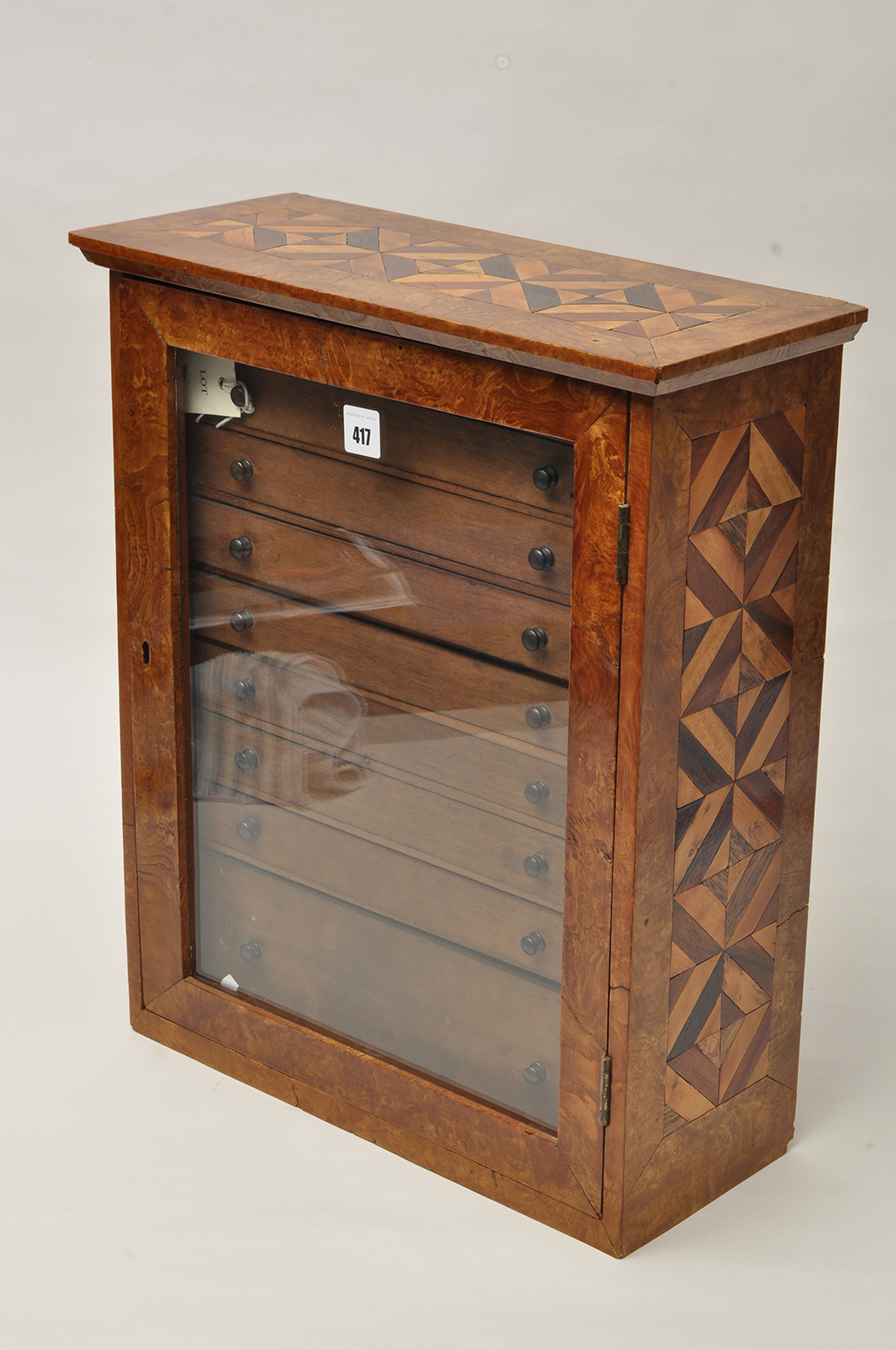 A burr walnut and specimen wood inlaid microscope slide cabinet, - Image 3 of 17