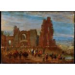 Flemish School Travellers congregating among a ruin on the outskirts of a walled town, oil on panel,