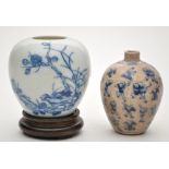 Small Chinese blue and white jar on stand, seal mark to base recess,