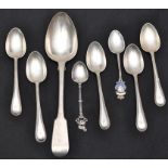 A George IV tablespoon, by James Beebe, London 1829, fiddle pattern; five Victorian teaspoons,