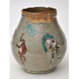 A Japanese stoneware vase, enamel decoration with frog, octopus, tortoise and mouse,