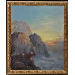 George Blackie Sticks (1843-1900) A misty mountain sunrise, signed and dated 1884 front and verso,