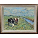 Owen Waters (1916-2004) "Cattle on the marshes", signed; inscribed on a label verso, oil on board,