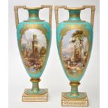 Pair of Copeland turquoise-green ground vases, c.