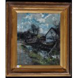 Joshua Anderson Hague, RI, RBA, PRCA (1850-1916) Figure crossing a foot bridge by a mill, signed,