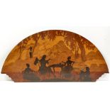 Manner of Rowley Gallery: a marquetry semi-circular plaque, depicting people taking tea in a garden,