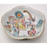 Chinese Famille Rose pentafoil footed dish, with figures and attendants within garden landscape,