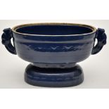 Chinese blue glaze censer, ovoid shaped with key fret, scroll and ruyi head form bans,