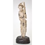 Chinese ivory figure of a warrior, wearing armour and flowing robes holding weaponry,