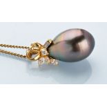 A cultured black pearl and diamond pendant, the pear-shaped cultured black pearl beneath marquise,