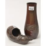 Bronze double gourd vessel, with heart-shaped aperture and foliate stems with seed pods,