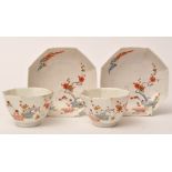 Pair of Chelsea Kakiemon octagonal tea bowls and saucers,