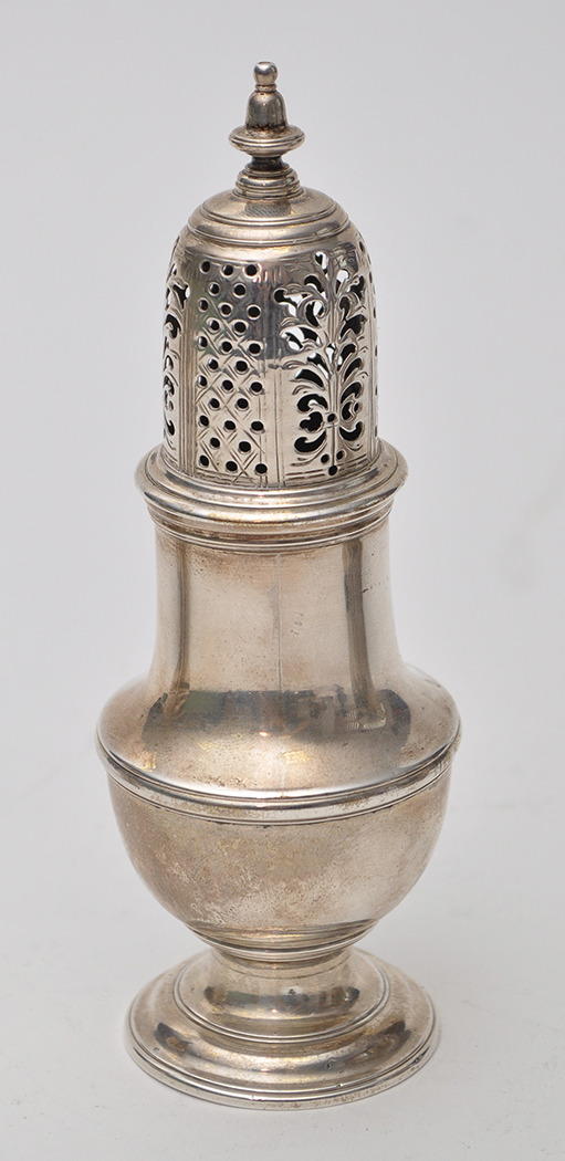 A George II caster, by Samuel Wood, London 1747, baluster-shaped with pierced cover,