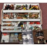 A cantilever plastic box containing a large assortment of modern tobies; spinners; spoons; lures;