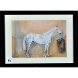 Elizabeth Mary and Dorothy Margaret Alderson - a grey horse in a stable, signed, watercolour, 16.