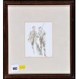 Jonathan Trowell - two gentleman shooting, signed, watercolour, 12.5 x 10cms; 5 x 4in.