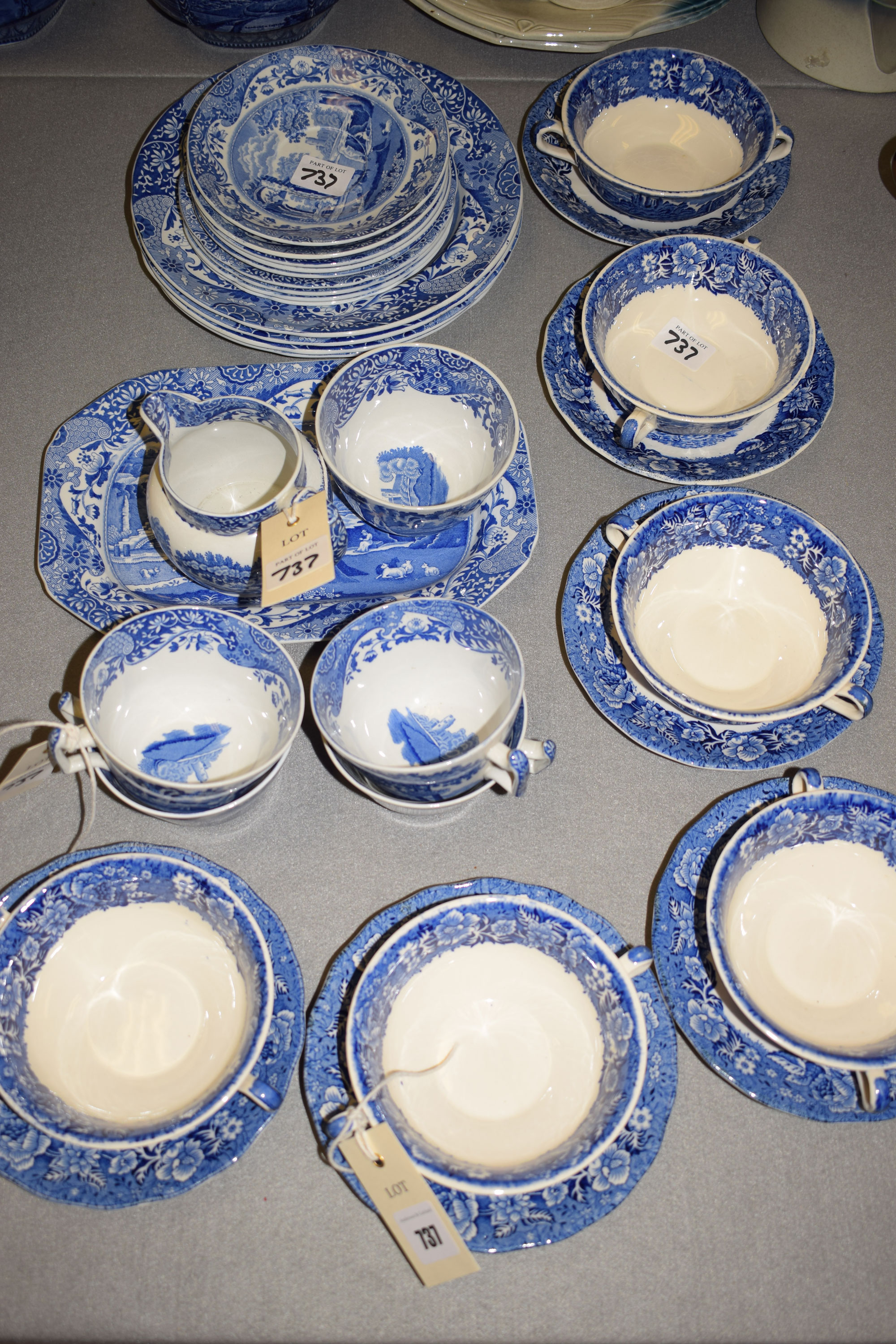 A Copeland Spode Italian part tea set, comprising: cups and saucers, cream and sugar,