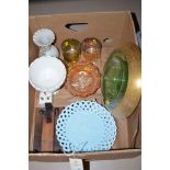 A box of sundry glassware including: two slag glass pierced dishes; white slag glass bowl;