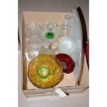 A box of assorted glassware, to include; two decanters; a water jug; a lamp shade; etc.