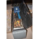 A modern plastic tool box containing a Sykes-Pickavant pipe flaring tool; impact driver;