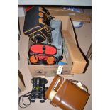 A pair of Russian night viewing binoculars; a pair of cased Everest De-Luxe 7 x 50 binoculars;