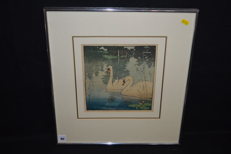 A limited edition woodblock print - swans, 65/100, indistinctly signed, possibly Sowerby.