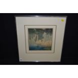 A limited edition woodblock print - swans, 65/100, indistinctly signed, possibly Sowerby.
