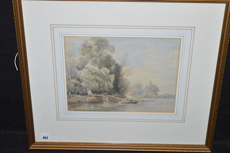 An early 20th Century watercolour - "The Thames" - fishing boats and a figure,